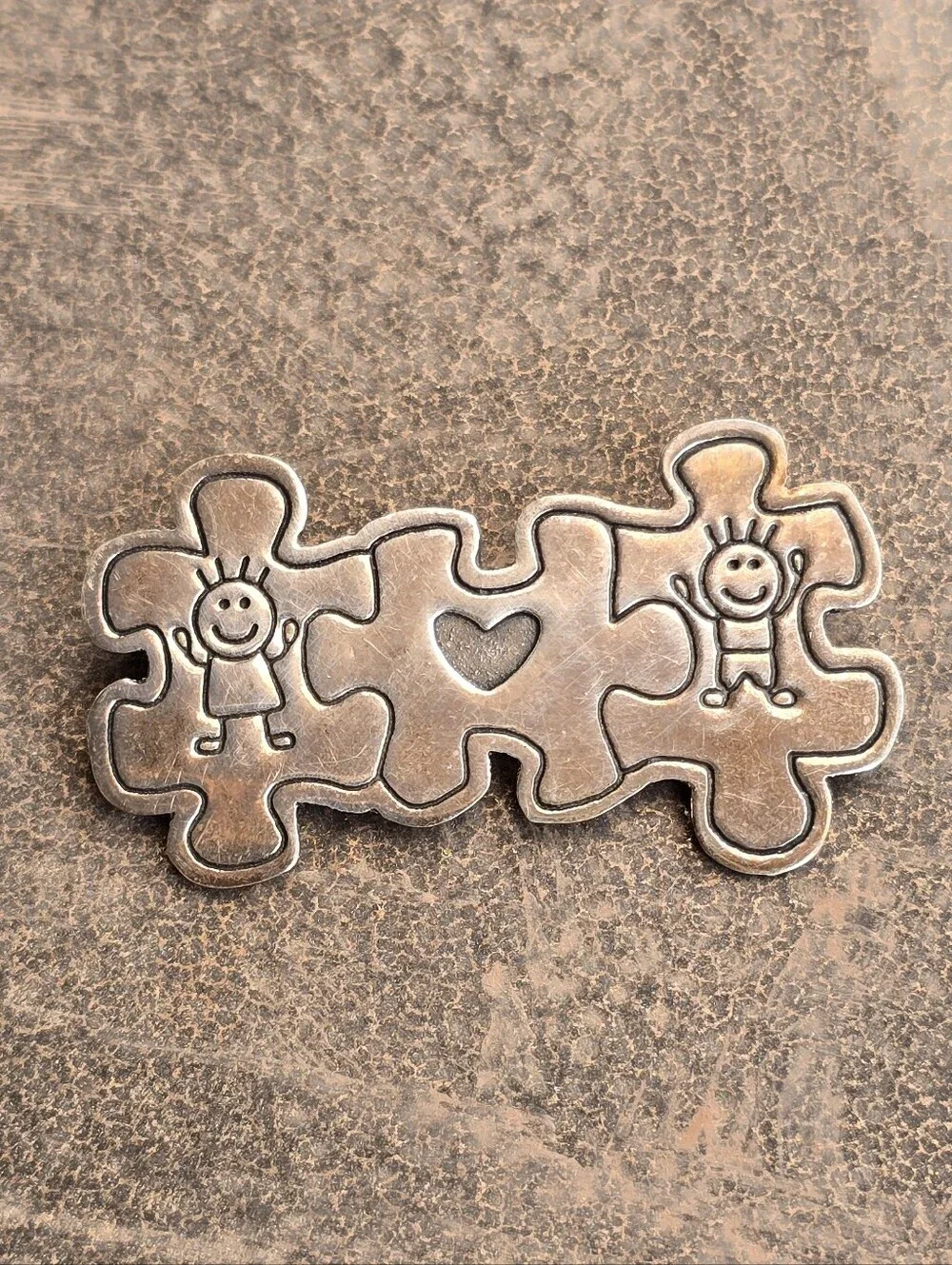 Vintage solid 925 sterling silver Autism awareness children heart puzzle pieces